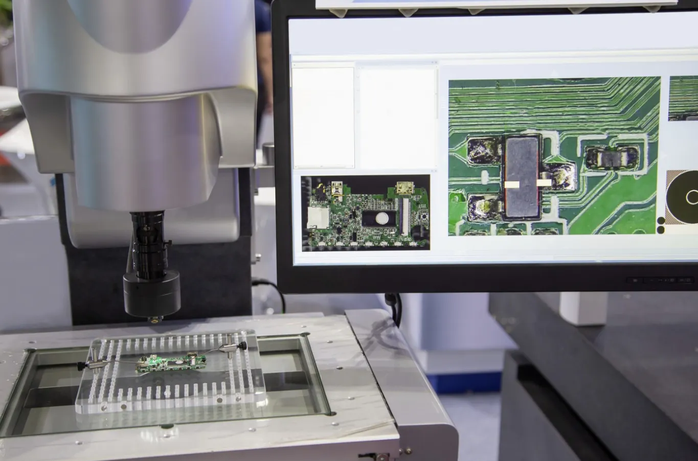 AOI machine inspecting a PCB for defects during manufacturing.