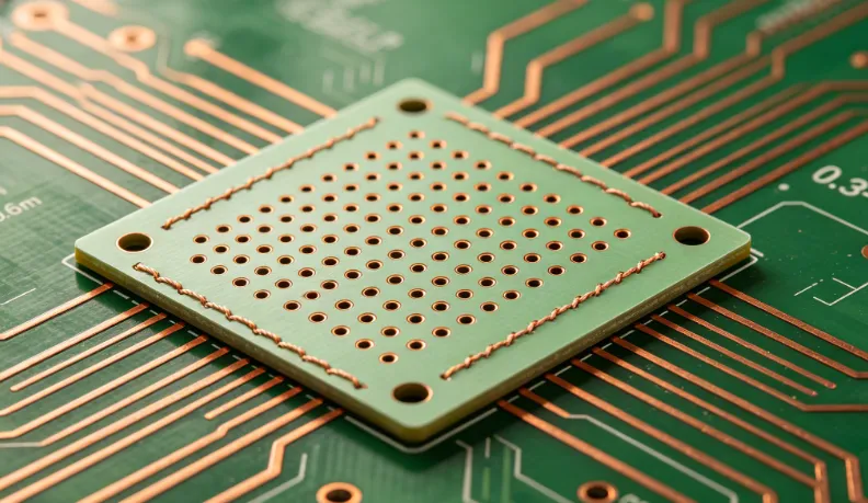 n low-cost PCB design, evenly distributed stitching vias (0.3–0.6 mm)