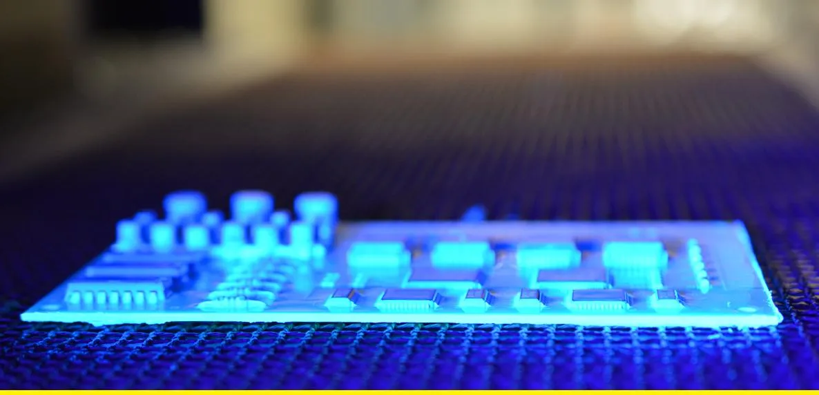UV-curable coating application on PCB under UV light