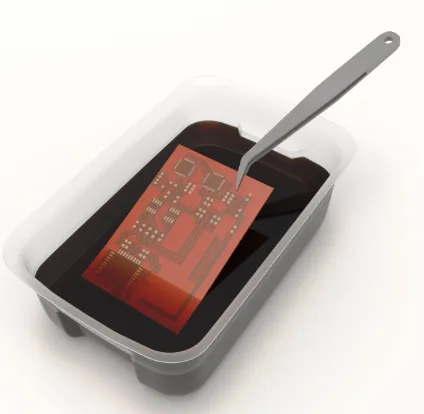 Chemical etching process for PCB with board in solution."
