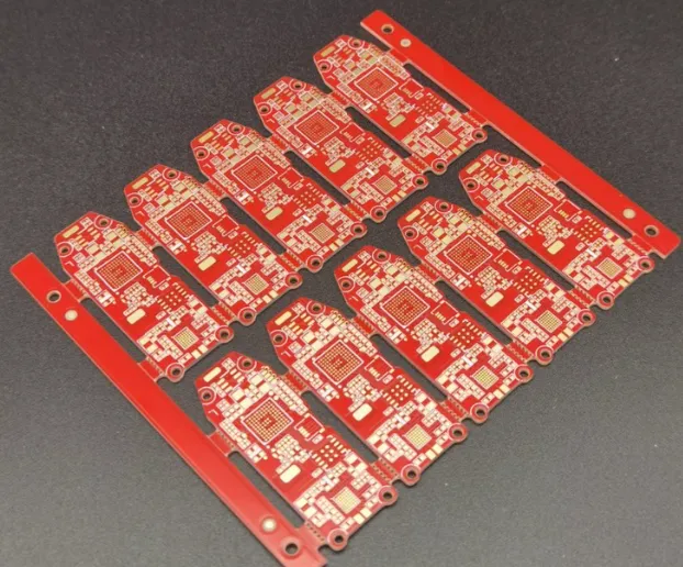 PCB with red solder mask showing vibrant color but inspection challenges