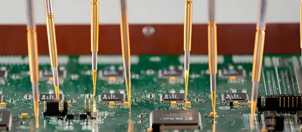 Flying probe tester checking an HDI PCB with microvias and fine pitch components