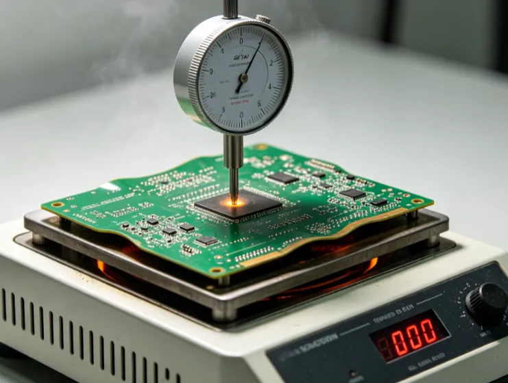 Measuring PCB warpage with a dial gauge under thermal stress conditions')