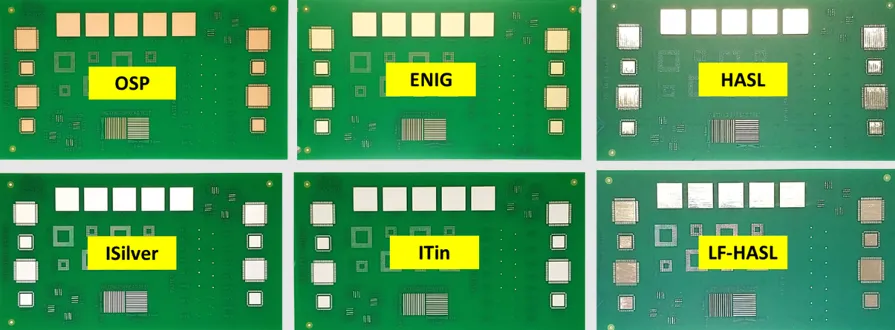 Finished PCB with various surface finishes including gold fingers and alternatives.