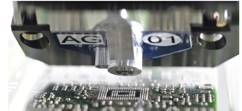 Solder paste jet printing machine applying paste to dense PCB array