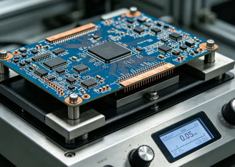 Automotive PCB mounted on a vibration shaker table during reliability testing