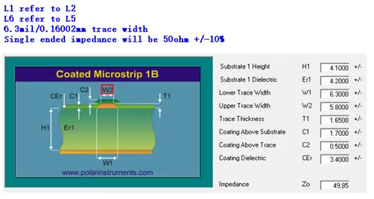 Cross-section view of PCB stackup showing trace width, spacing, and reference plane for 100 ohm differential impedance