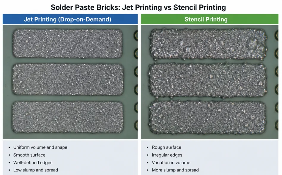 Side-by-side microscope views of solder paste bricks from jet and stencil printing