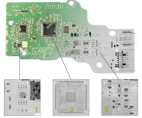 Superimposed X-ray view of multi-layer PCB showing obscured solder joints'