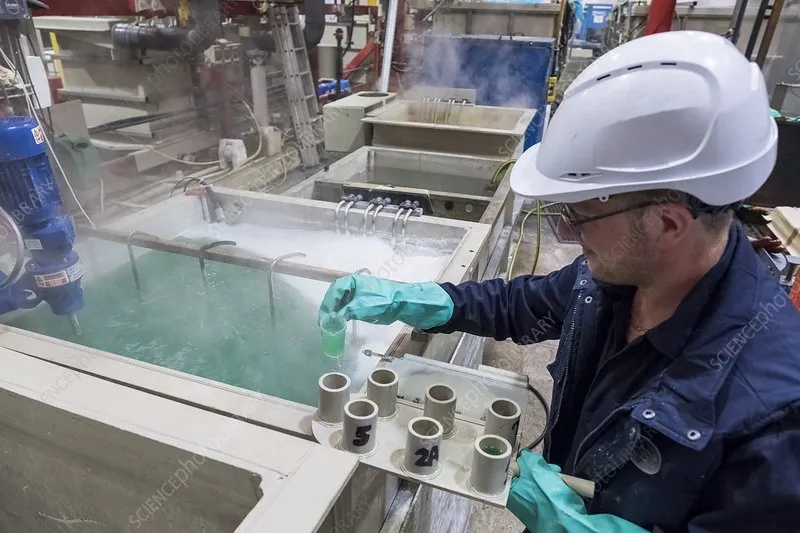 Engineer testing plating bath conditions for hard gold plating quality control.