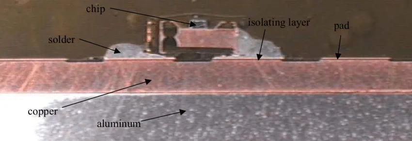 Cross-section of an aluminum PCB showing its layered structure for aerospace applications