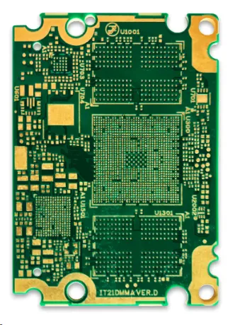Close-up of soft gold plating on PCB pads for wire bonding.