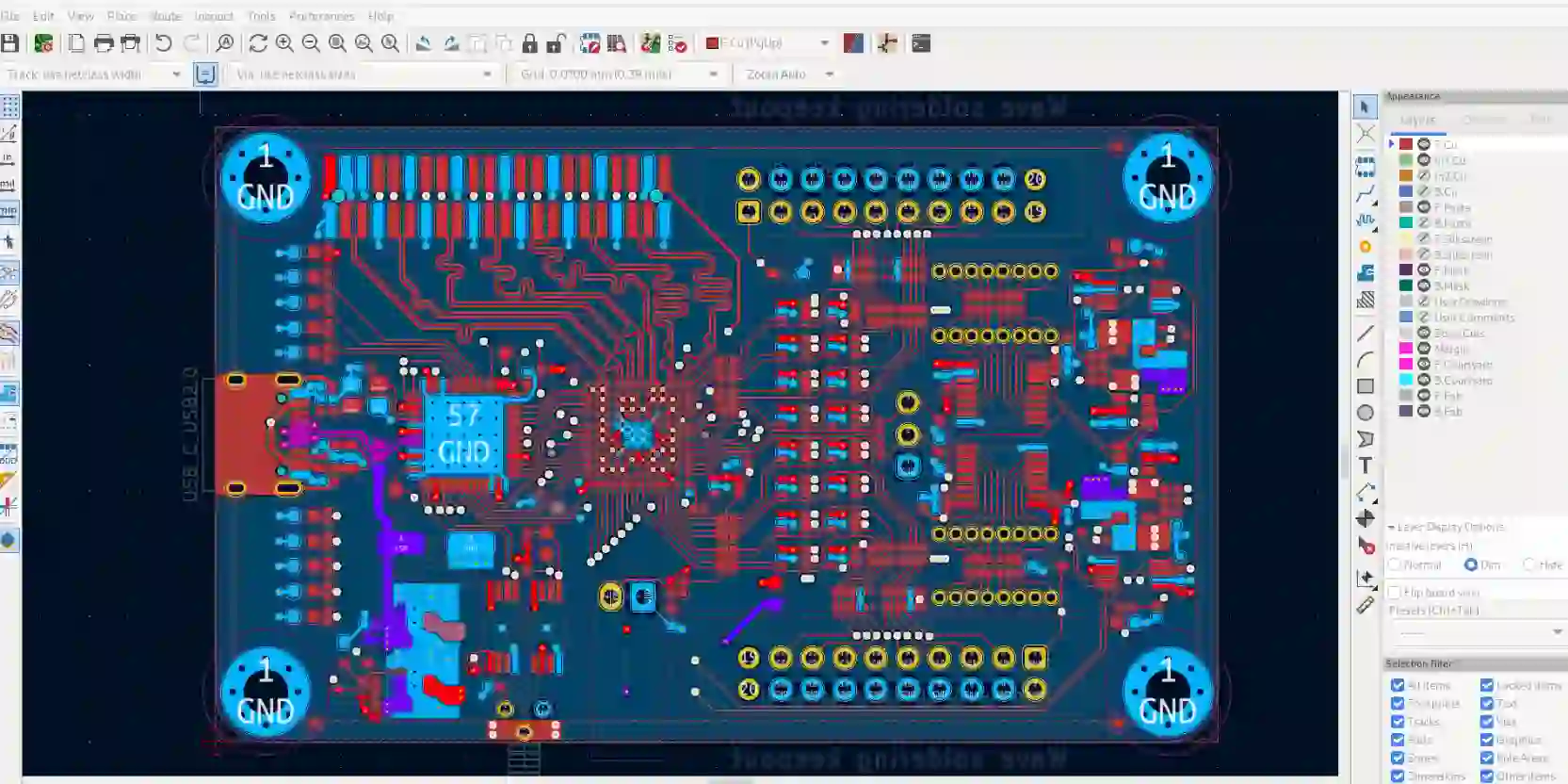 KiCad Pcbnew editor showing rigid PCB layout