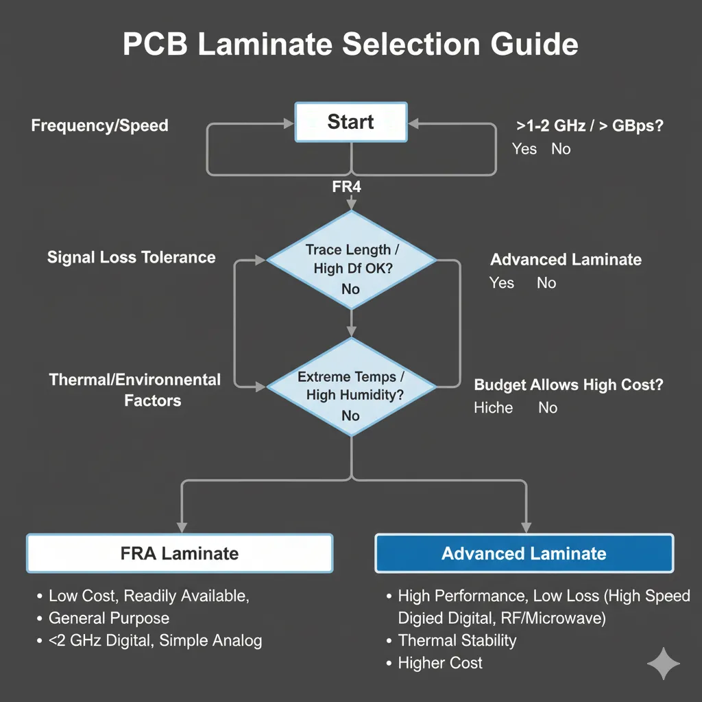 Flowchart for selecting PCB dielectric material based on design needs.