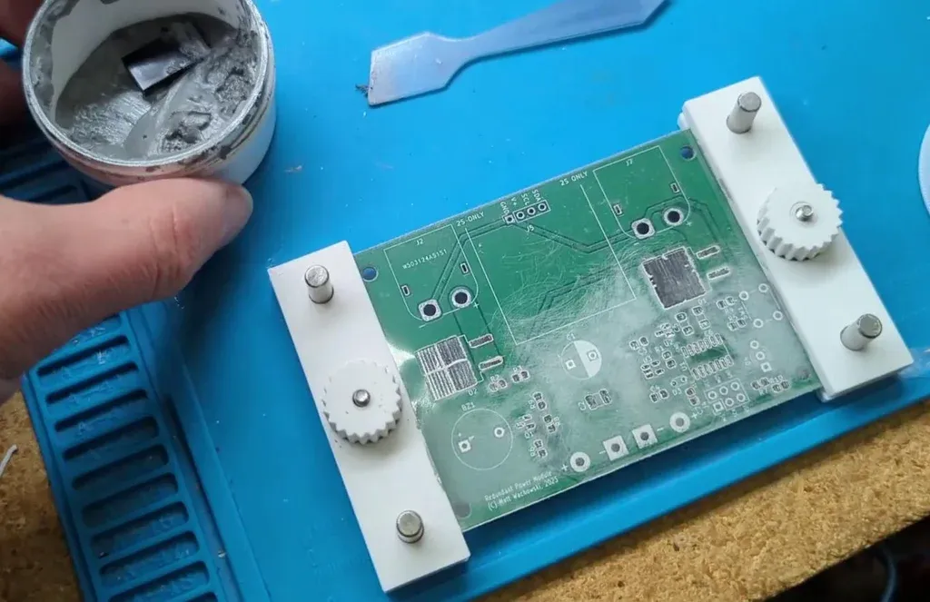 Laser cut stencil Mylar being used for PCB solder paste application