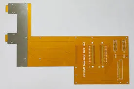 Flex PCB design layout for construction equipment with bend zones and stiffeners.
