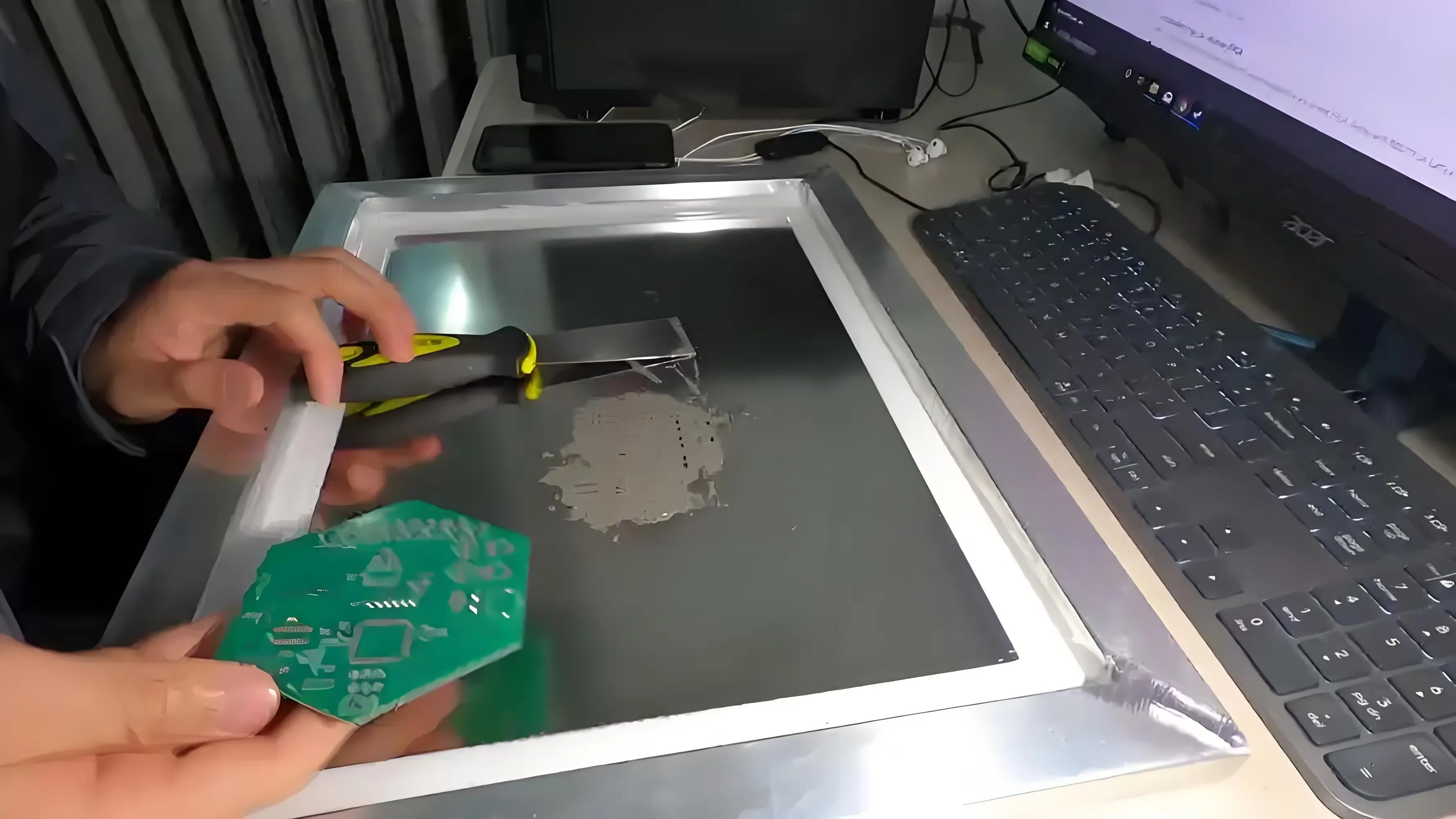 Solder paste application on PCB using stencil for SMT assembly.
