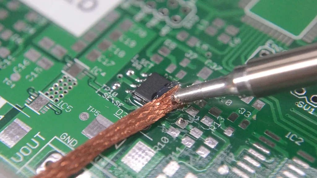 Removing a solder bridge on a PCB using desoldering braid