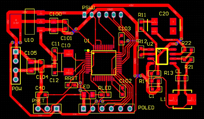 PCB design software displaying component layout and traces.