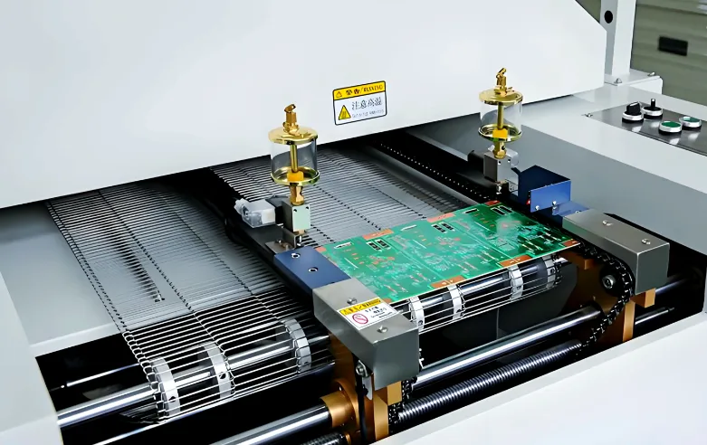 PCB passing through a reflow oven during SMT soldering process