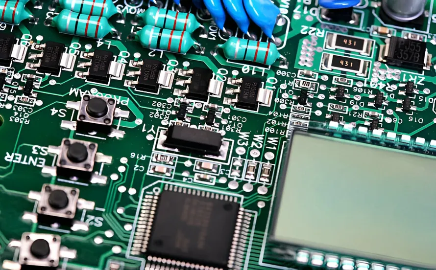 Finished hybrid PCB design showcasing through-hole and SMT integration.