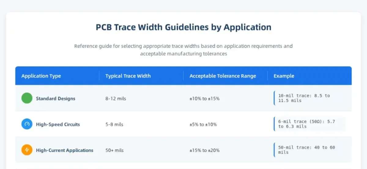 Acceptable trace width tolerance ranges for various PCB applications.