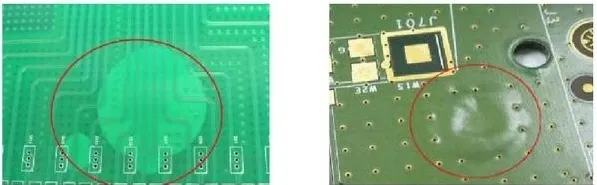 Examples of common PCB lamination defects including delamination and voids.