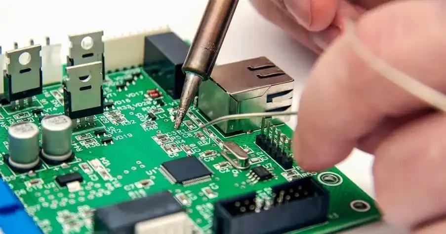 Soldering a component during engine control unit PCB repair.