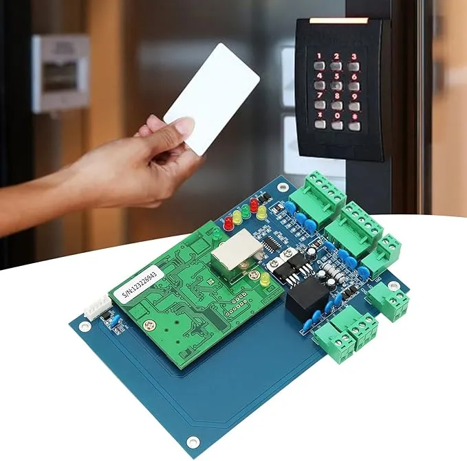 Close-up of PCB surface finish showing protective coating for access control systems