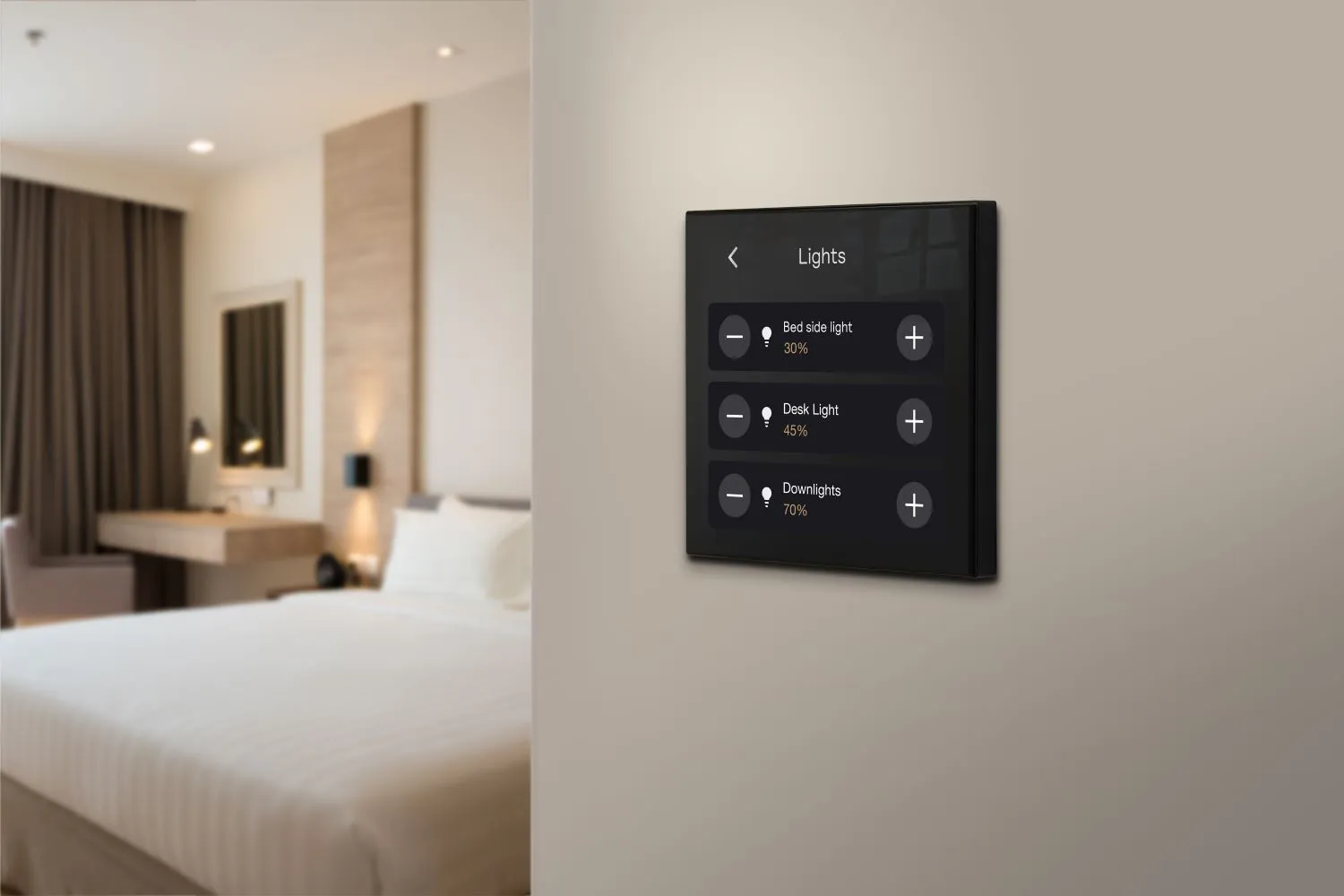 Modern hotel room control panel with touchscreen interface for intuitive controls