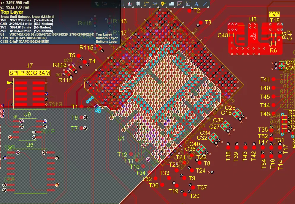 High-speed PCB layout showing trace spacing for optimal signal integrity