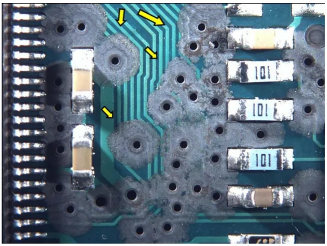 PCB with visible corrosion and oxidation on copper traces