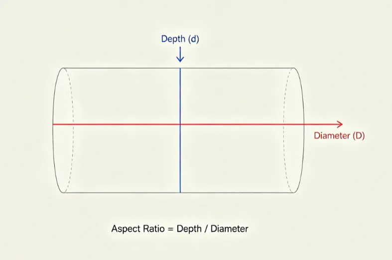 'Illustration showing via depth and diameter measurements for aspect ratio calculation