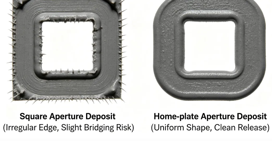 Solder paste inspection images from square and home plate apertures showing deposit quality