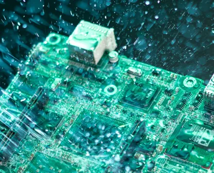 'Flux residues and particles on PCB before cleaning for conformal coating