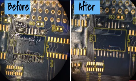 Finished PCB with clean solder joints after proper flux application