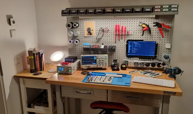 Basic PCB inspection tools for beginners including magnifying glass and tweezers