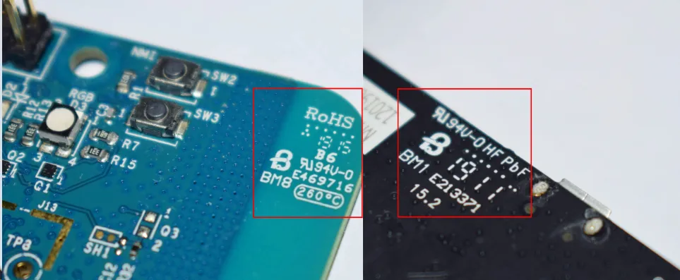 UL 796 certification mark on a printed circuit board.