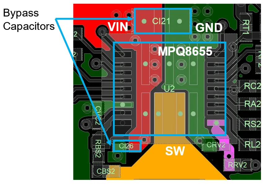 PCB layout showing decoupling capacitor placement for high-speed design