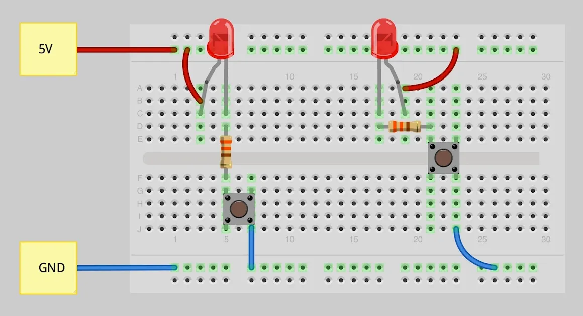 Standard breadboard layout for PCB prototyping with labeled power rails and terminal strips.