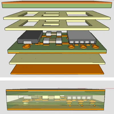 Cross-section of PCB with embedded components for cost-effective design.