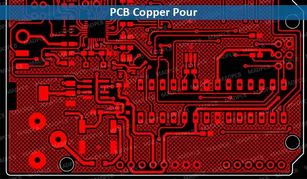 Example of copper pour on a PCB ground plane for noise reduction.