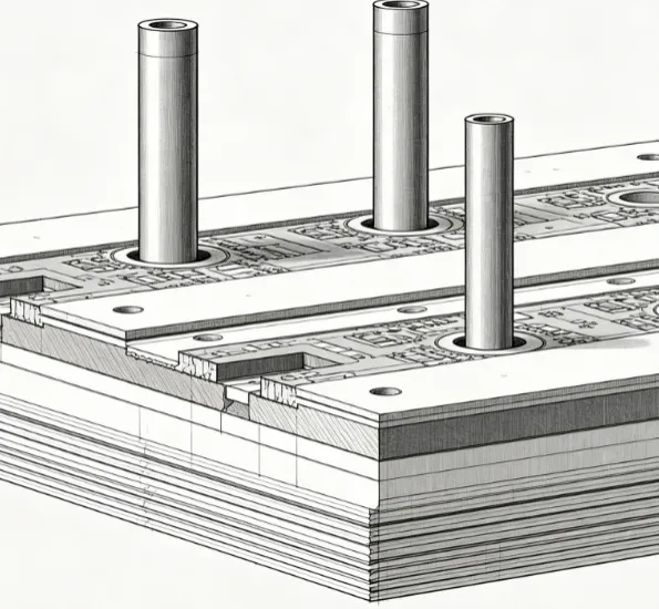 Cross-section of PCB layers with strategically placed high aspect ratio vias