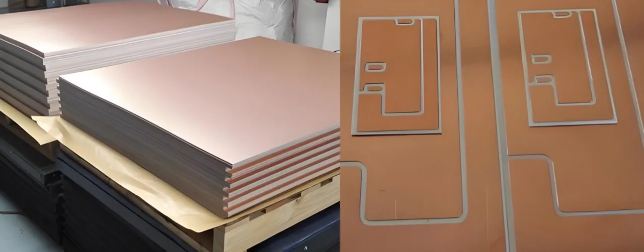 Copper-clad PCB before and after etching process
