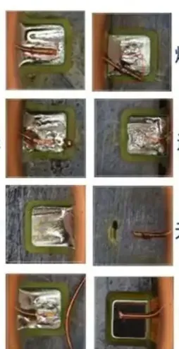Comparison of good vs. defective solder joints on a PCB.