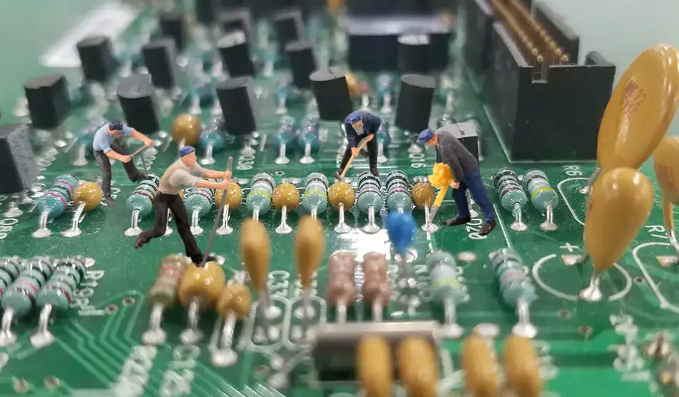 Rugged PCB with through-hole components for high-stress durability.