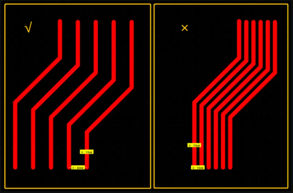 Trace routing optimization on single-layer PCB with width and spacing guidelines.