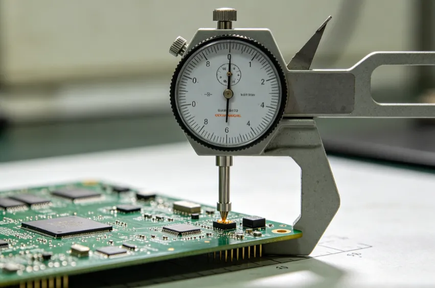Measuring PCB warpage with a dial gauge on a flat reference surface