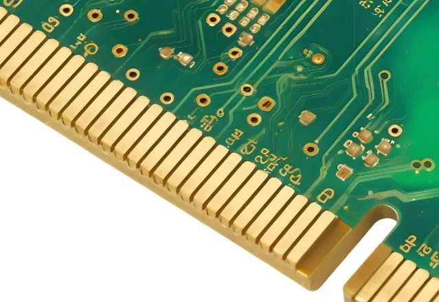Close-up of PCB gold fingers with gold plating on edge connectors.