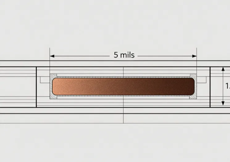 Cross-sectional view of PCB copper traces showing width in mils and thickness